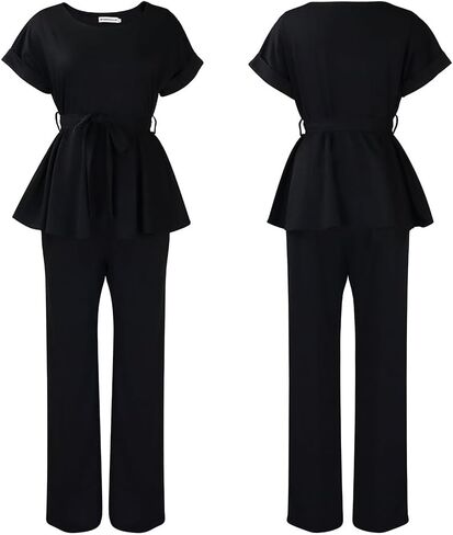 طقم بدلة نسائية مكون من قطعتين من Ekaliy بأكمام قصيرة وسروال واسع من Peplum أطقم بدلات عمل in Kuwait