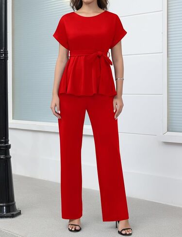 طقم بدلة نسائية مكون من قطعتين من Ekaliy بأكمام قصيرة وسروال واسع من Peplum أطقم بدلات عمل in Kuwait