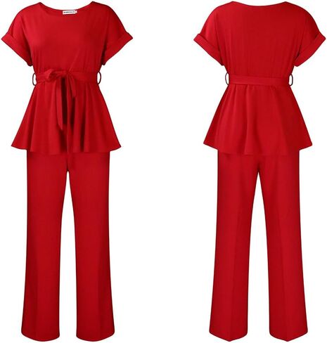 طقم بدلة نسائية مكون من قطعتين من Ekaliy بأكمام قصيرة وسروال واسع من Peplum أطقم بدلات عمل in Kuwait