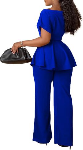 طقم بدلة نسائية مكون من قطعتين من Ekaliy بأكمام قصيرة وسروال واسع من Peplum أطقم بدلات عمل in Kuwait