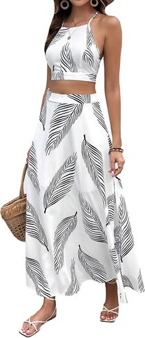 Verdusa Women's 2 Piece Outfits Tropical Print Crisscross Tie Back Cami Top and Split Maxi Beach Skirt Set in Kuwait