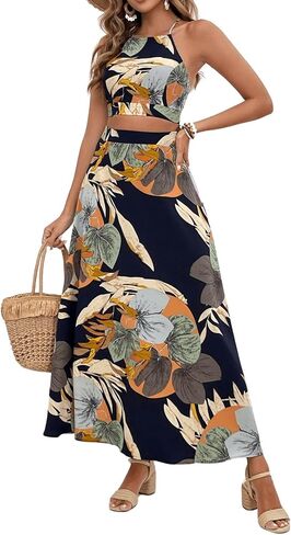 Verdusa Women's 2 Piece Outfits Tropical Print Crisscross Tie Back Cami Top and Split Maxi Beach Skirt Set in Kuwait