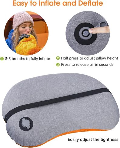 Inflatable Camping Pillow with Removable Cover - Ultralight Compressible Camp Pillows for Sleeping, Backpacking, Hiking, Beach - Portable Blow Up Air Travel Pillow for Neck & Lumbar Support - Black in Saudi Arabia