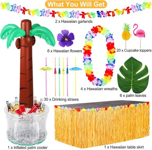 Fovths 70 حزمة Luau الطرف الديكور هاواي الشاطئ موضوع الحزب تفضل 60 بوصة نفخ شجرة النخيل برودة مع لوازم حزب Luau لحفلة هاواي in Kuwait