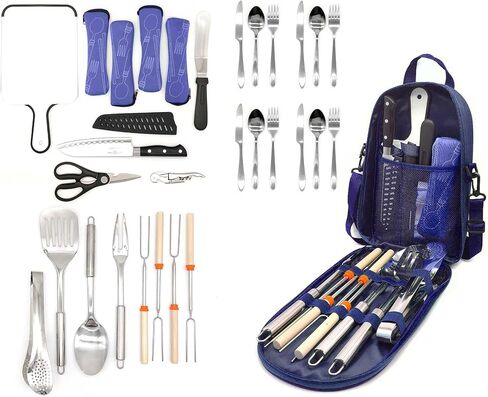 ANBrethren Portable Camping Kitchen Utensil Set Stainless Steel Outdor Cooking and Grilling Utensil Organizer Perfect for Travel, Picnics, RVs, Camping, BBQs (4Pcs or 31 Pcs/Set) in Saudi Arabia