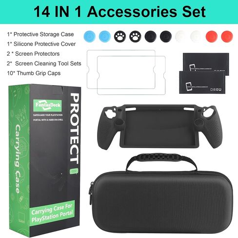 FantasDeck 14 IN 1 Kit for Playstation Portal Remote Player Accessories Carrying Case Hard Shell Storage Bag with Soft Silicone Portective Cover, Screen Portector, Thumb Grip Caps in Saudi Arabia