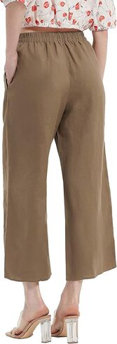 PACIBE Women's Summer 100% Linen Casual Elastic Waist Wide Leg Crop Pants with Pockets in Saudi Arabia