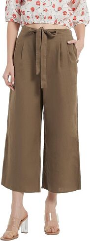 PACIBE Women's Summer 100% Linen Casual Elastic Waist Wide Leg Crop Pants with Pockets in Saudi Arabia