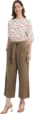 PACIBE Women's Summer 100% Linen Casual Elastic Waist Wide Leg Crop Pants with Pockets in Saudi Arabia