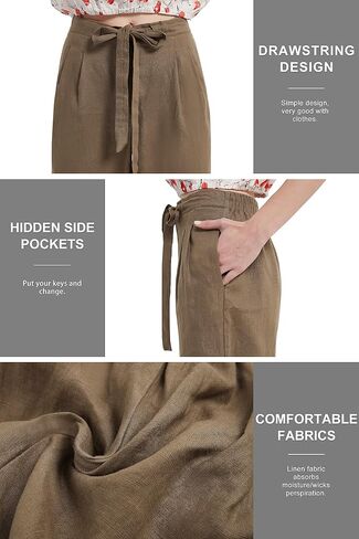 PACIBE Women's Summer 100% Linen Casual Elastic Waist Wide Leg Crop Pants with Pockets in Saudi Arabia