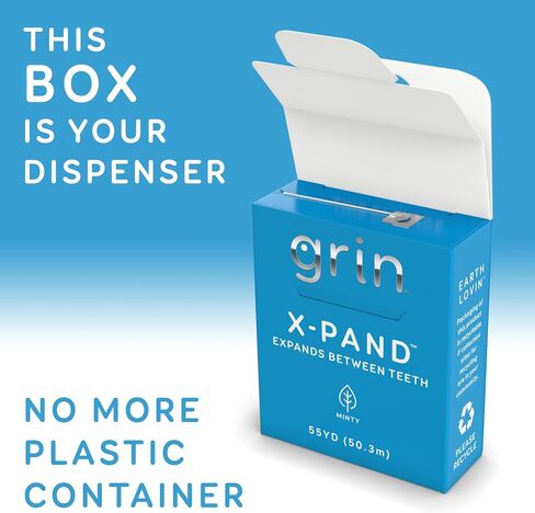 صندوق خيط تنظيف الأسنان GRIN X-Pand، يتوسع بين الأسنان، 55 ياردة (50.3 م)، نكهة النعناع، ​​عبوة قابلة لإعادة التدوير، 165 قدمًا من خيط تنظيف الأسنان القوي القوي، لا مزيد من الحاويات البلاستيكية، لا تمزيق أو كسر in Kuwait