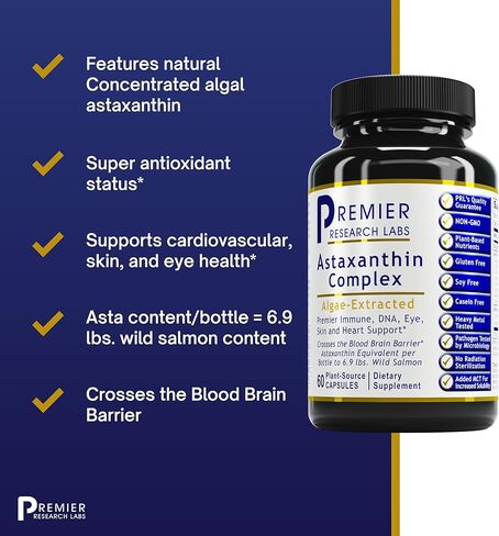 مجمع أستازانتين من Premier Research Labs - يدعم نظام القلب والأوعية الدموية والعينين والجلد* - مع أستازانتين وكلوريلا وشوك الحليب - نباتي نقي - 60 كبسولة من مصدر نباتي in Kuwait