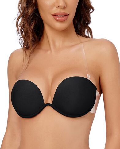 Wekofi Women’s Deep V Plunge Push Up Backless Strapless Adhesive Underwire Silicone Clear Strap Bra in Saudi Arabia