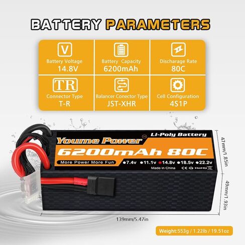 Youme 2packs 4S Lipo Battery، 14.8V 6200mAh Lipo Battery Hard Case 50C مع Tr و T Plug for 1/8 مقياس RC سيارة قارب شاحنة على الطرق الوعرة عربات التي تجرها الدواب Truggy الزاحف الوحش in Saudi Arabia