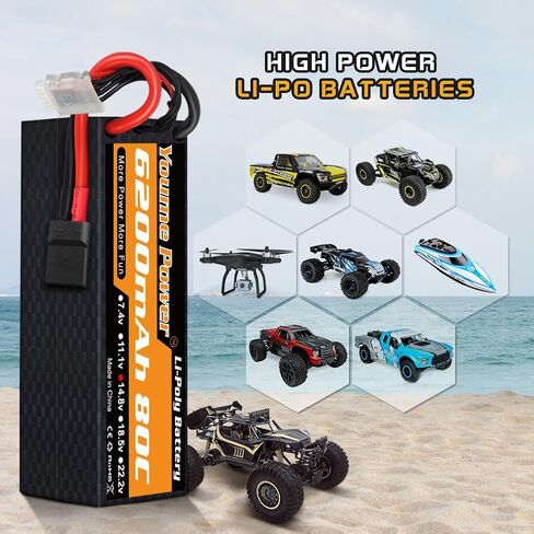 Youme 2packs 4S Lipo Battery، 14.8V 6200mAh Lipo Battery Hard Case 50C مع Tr و T Plug for 1/8 مقياس RC سيارة قارب شاحنة على الطرق الوعرة عربات التي تجرها الدواب Truggy الزاحف الوحش in Saudi Arabia