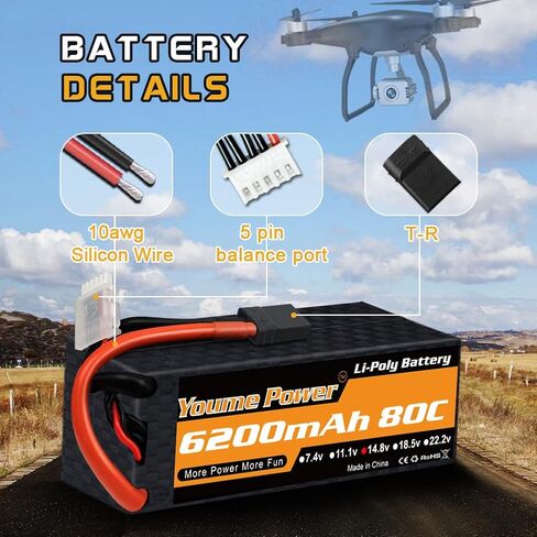 Youme 2packs 4S Lipo Battery، 14.8V 6200mAh Lipo Battery Hard Case 50C مع Tr و T Plug for 1/8 مقياس RC سيارة قارب شاحنة على الطرق الوعرة عربات التي تجرها الدواب Truggy الزاحف الوحش in Saudi Arabia