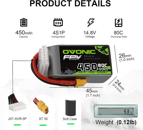 بطارية ليبو OVONIC 4S 80C 450mAh 14.8V بطارية ليبو مع موصل XT30 لطائرة RC FPV Racing Drone Quadcopter (4 عبوات) in Saudi Arabia