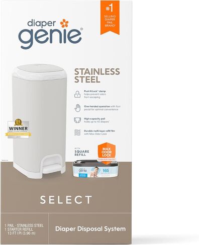 Diaper Genie Select Pail (Grey) is Made of Durable Stainless Steel and Includes 1 Starter Square Refill That can Hold up to 165 Newborn-Sized Diapers. in Saudi Arabia