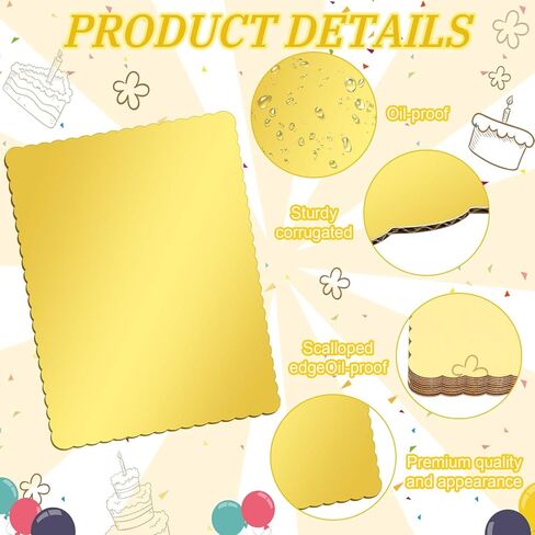 12 Pack 17 x 25 Inch Greaseproof Rectangle Cake Boards Corrugated Single Wall Cake Pad Metallic Half Sheet Cake Board Rectangular Scalloped Rectangle Dessert Base for Cake Pizza (Gold) in Kuwait