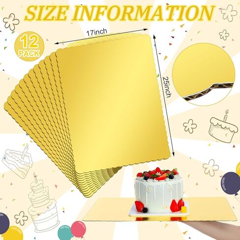 12 Pack 17 x 25 Inch Greaseproof Rectangle Cake Boards Corrugated Single Wall Cake Pad Metallic Half Sheet Cake Board Rectangular Scalloped Rectangle Dessert Base for Cake Pizza (Gold) in Kuwait