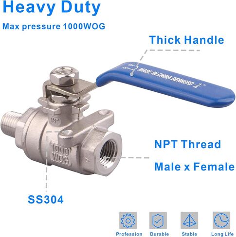 DERNORD 2 Pack Full Port Ball Valve 1/4 Inch - Male x Female Stainless Steel 304 Heavy Duty for Water, Oil, and Gas, 1000WOG in Saudi Arabia