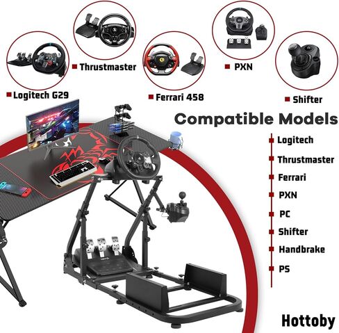 حامل قمرة القيادة لمحاكاة السباق من Hottoby قابل للطي وشريط التعزيز مناسب لـ Logitech/Thrustmaster G25، G27، G29، G920، G923 & T300RS قمرة القيادة متعددة الزوايا، بدون عجلة قيادة، فرامل يد، دواسات ومقعد in Kuwait