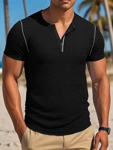 Men's Casual Henley Shirts Short Sleeve Button Slim Fit Summer Muscle T-Shirt in Saudi Arabia