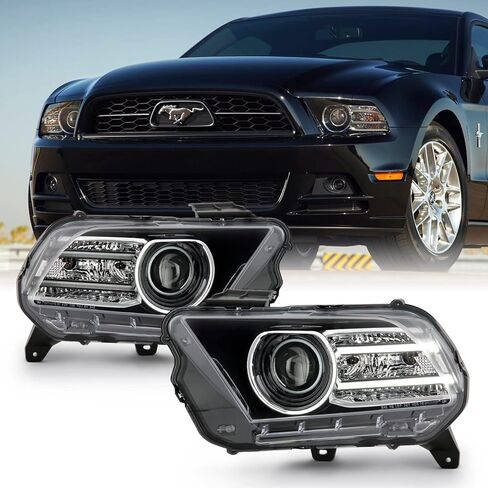 AKKON - يناسب 2010-2014 Ford Mustang [ترقية الهالوجين] زوج المصابيح الأمامية لجهاز العرض الأسود مع مصباح الجري DRL بأنبوب LED in Saudi Arabia