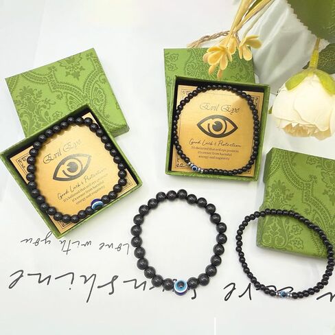 Evil Eye Bracelets for Men，4/6/8/10mm Natural Stretch Black Beaded Protection Bracelet Evil Eye Bracelet for Good Luck Spiritual in Saudi Arabia