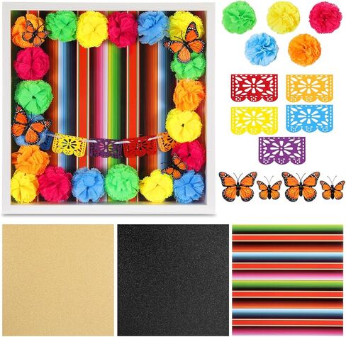 AceOrbit 41pcs Day of The Dead DIY Shadow Box Craft Set Memorial Shadow Box Accessories 6 Monarch Butterfly 30 Artificial Marigold Flowers 2 Papel Picado Banner 3 Background Paper (Orange) in Kuwait