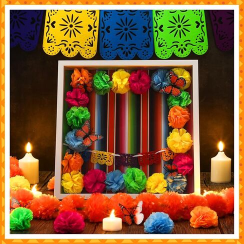 AceOrbit 41pcs Day of The Dead DIY Shadow Box Craft Set Memorial Shadow Box Accessories 6 Monarch Butterfly 30 Artificial Marigold Flowers 2 Papel Picado Banner 3 Background Paper (Orange) in Kuwait