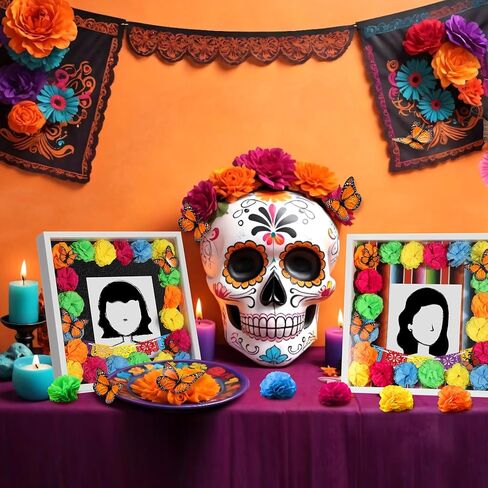 AceOrbit 41pcs Day of The Dead DIY Shadow Box Craft Set Memorial Shadow Box Accessories 6 Monarch Butterfly 30 Artificial Marigold Flowers 2 Papel Picado Banner 3 Background Paper (Orange) in Kuwait