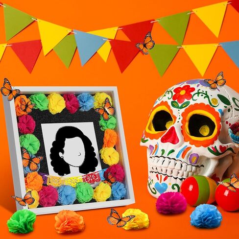AceOrbit 41pcs Day of The Dead DIY Shadow Box Craft Set Memorial Shadow Box Accessories 6 Monarch Butterfly 30 Artificial Marigold Flowers 2 Papel Picado Banner 3 Background Paper (Orange) in Kuwait