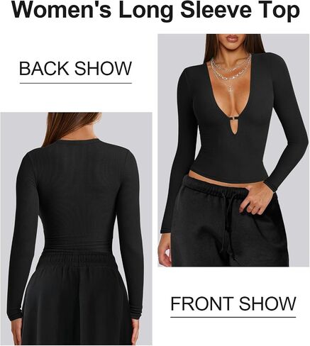 Women's Long Sleeve Deep V Neck Shirt Ribbed Knit Going Out Tops for Women Slim Fit Crop Trendy Y2k Casual Tight Shirts in Kuwait