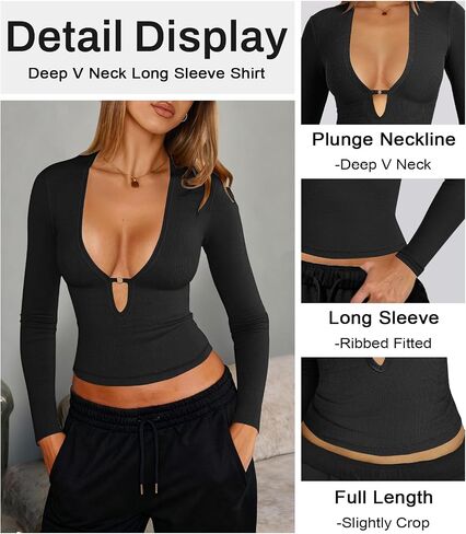 Women's Long Sleeve Deep V Neck Shirt Ribbed Knit Going Out Tops for Women Slim Fit Crop Trendy Y2k Casual Tight Shirts in Kuwait