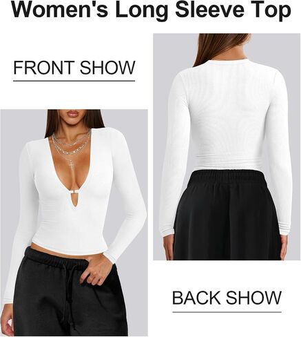 Women's Long Sleeve Deep V Neck Shirt Ribbed Knit Going Out Tops for Women Slim Fit Crop Trendy Y2k Casual Tight Shirts in Kuwait