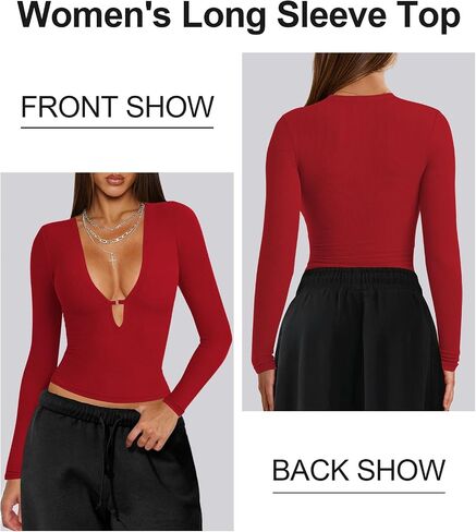 Women's Long Sleeve Deep V Neck Shirt Ribbed Knit Going Out Tops for Women Slim Fit Crop Trendy Y2k Casual Tight Shirts in Kuwait