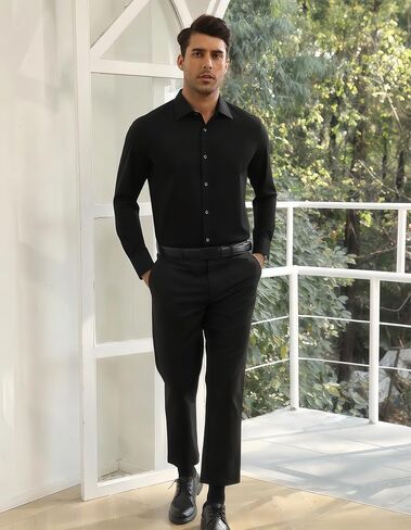 Mens Stretch Dress Shirts Long Sleeve Slim for Muscle Fit Button Down Wrinkle Free Business Casual Wedding Shirts in Saudi Arabia