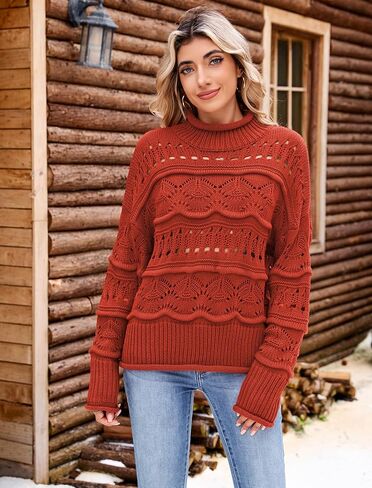 ZAFUL Women's Sweaters Turtleneck Crochet Hollow Out Long Sleeve Sweater Cute Fall Winter Casual Pullover Jumper Tops in Saudi Arabia