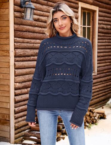 ZAFUL Women's Sweaters Turtleneck Crochet Hollow Out Long Sleeve Sweater Cute Fall Winter Casual Pullover Jumper Tops in Saudi Arabia