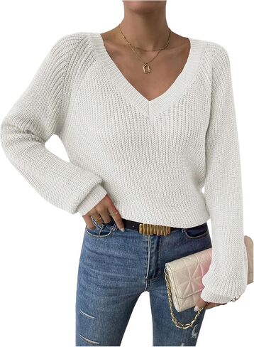 Women's V Neck Long Sleeve Sweaters Crochet Knit Pullovers Tops Casual Jumper in Saudi Arabia