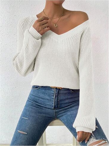 Women's V Neck Long Sleeve Sweaters Crochet Knit Pullovers Tops Casual Jumper in Saudi Arabia