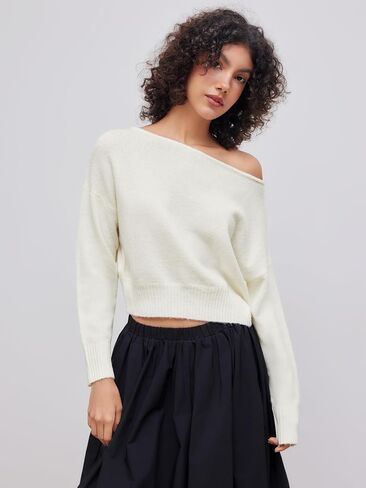 CIDER Knitted Boat Neck Solid Asymmetrical Long Sleeve Top in Saudi Arabia