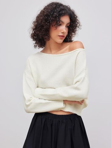 CIDER Knitted Boat Neck Solid Asymmetrical Long Sleeve Top in Saudi Arabia