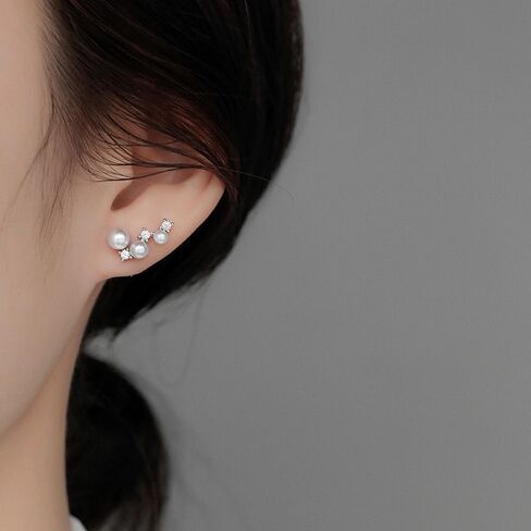 Sterling Silver Post Cubic Zirconia Crawler Earrings Pearl Studs, Climber Fashion Earrings for Women in Saudi Arabia