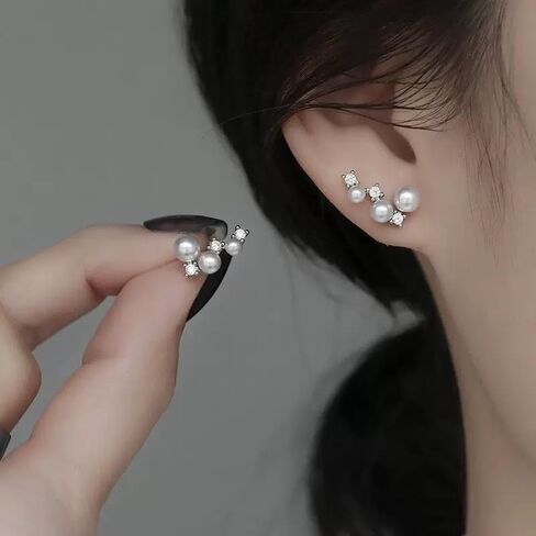Sterling Silver Post Cubic Zirconia Crawler Earrings Pearl Studs, Climber Fashion Earrings for Women in Saudi Arabia