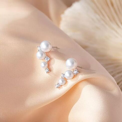 Sterling Silver Post Cubic Zirconia Crawler Earrings Pearl Studs, Climber Fashion Earrings for Women in Saudi Arabia