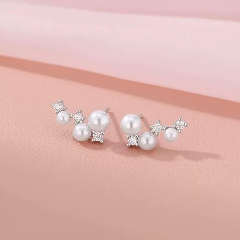 Sterling Silver Post Cubic Zirconia Crawler Earrings Pearl Studs, Climber Fashion Earrings for Women in Saudi Arabia