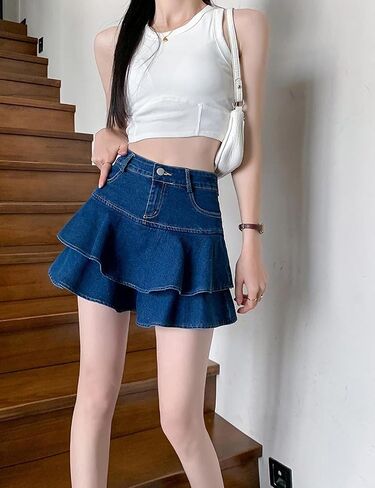 Women's Casual Denim Mini Skirt Ruffled Slim A-line Pleated Jean Short Skirt in Kuwait