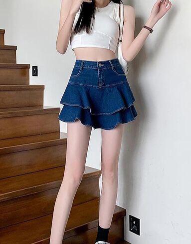 Women's Casual Denim Mini Skirt Ruffled Slim A-line Pleated Jean Short Skirt in Kuwait